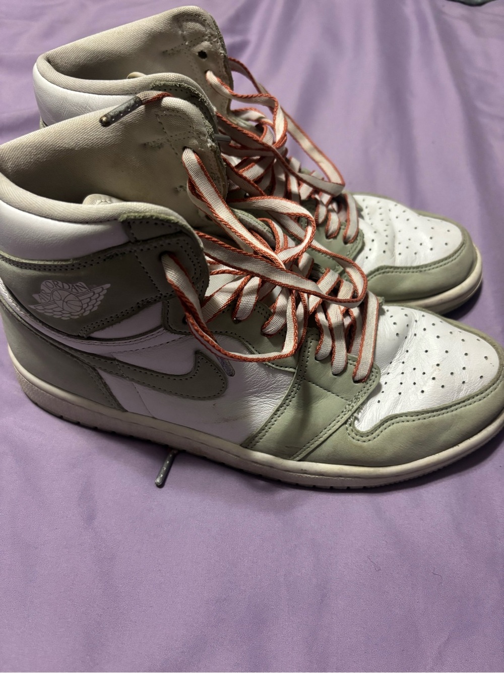 Jordan Women’s High-Top Sneakers in White and Sage with Orange Accents